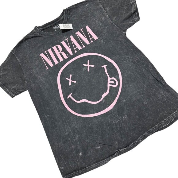 Nirvana Women Size L Black Wash‎ Pink Happy Face Graphic Print Tee T-Shirt NWT - Picture 1 of 5
